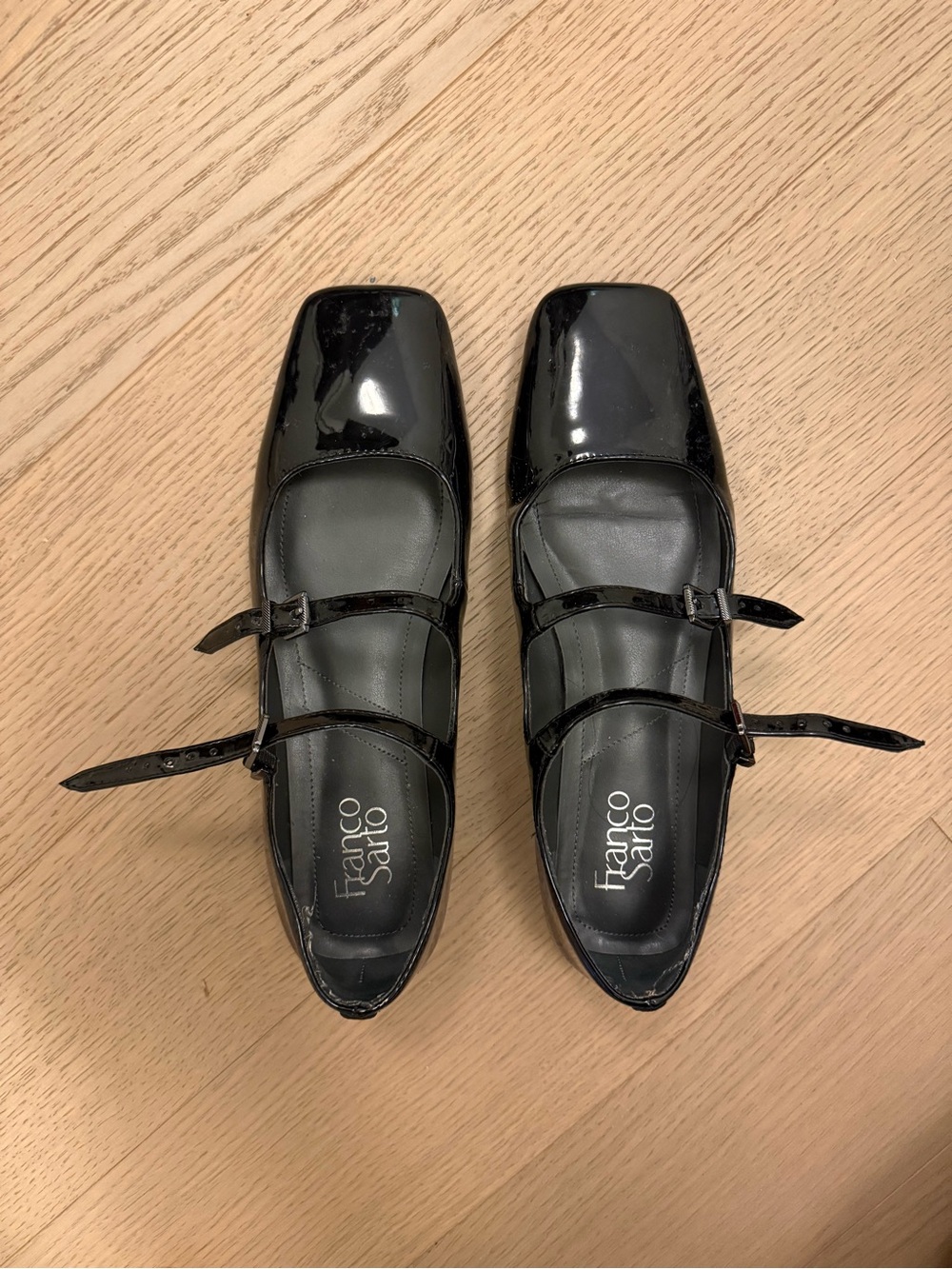 Franco Sarto Black Patent Triple-Strap Mary Jane Flats